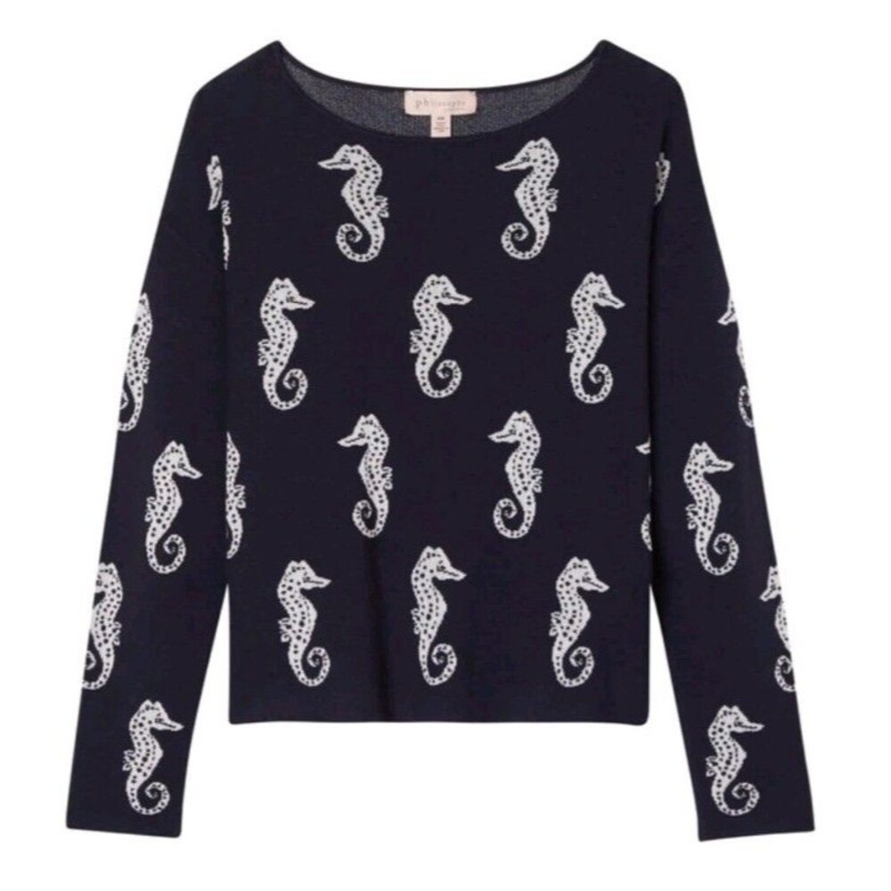 Philosophy Navy Seahorse Print Sweater Long Sleeve Nautical Coastal Soft Sz L